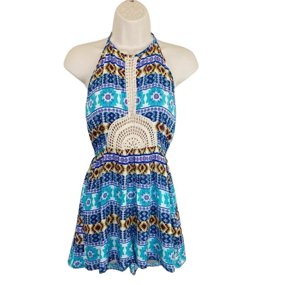 Dejavu boho halter romper teal cream crochet size small